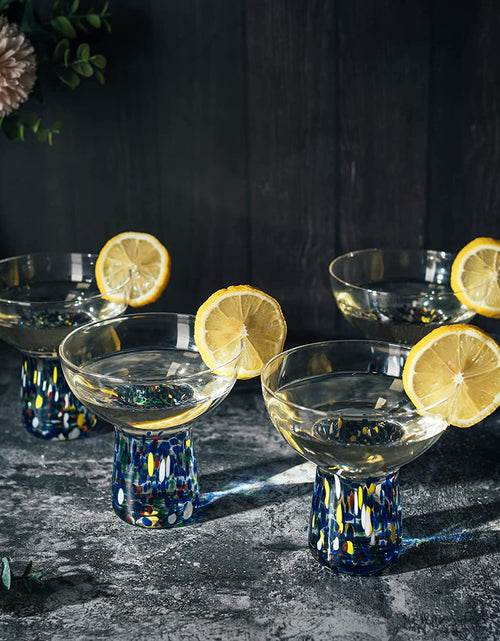 Load image into Gallery viewer, Stemless Margarita Glass – Set of 4 - Luxury Hand Blown Confetti Margaritas, for Cocktails, Water, Wine, Dessert, Martini &amp; Champagne Glasses Cinco de Mayo, Hand Blown Glass - Mexican Confetti Design by The Wine Savant

