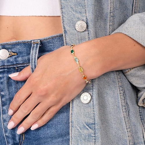 Load image into Gallery viewer, 14K Gold Multicolor Crystal Bracelet in 7.5 Inches - Made In Brazil

