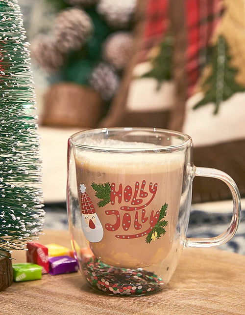 Load image into Gallery viewer, Set of 2 Holly Jolly Christmas Design Tumbler Mugs - Confetti Filled 9.5 oz Decorated Christmas Glass - Perfect for Wine, Eggnog, Cocoa, Holiday Parties &amp; Festivities - 4.25" High, 9.5 oz Capacity by The Wine Savant
