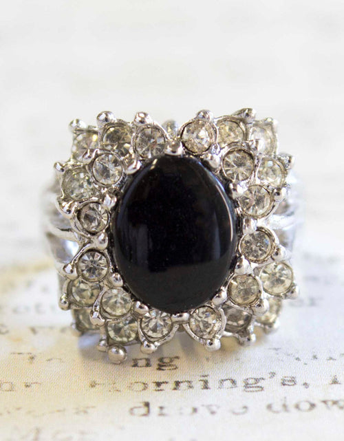 Load image into Gallery viewer, Vintage Emerald Green Crystal Cabochon Stone &amp; Clear Crystal Ring in 18kt Yellow Gold Electroplate by PVD Vintage Jewelry
