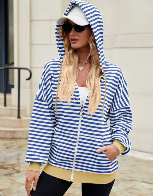 Load image into Gallery viewer, Drawstring Striped Zip Up Long Sleeve Hoodie
