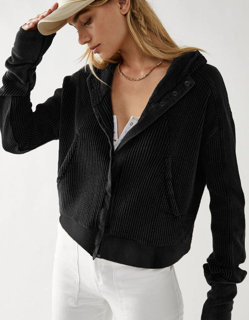 Load image into Gallery viewer, Waffle-Knit Dropped Shoulder Hooded Jacket
