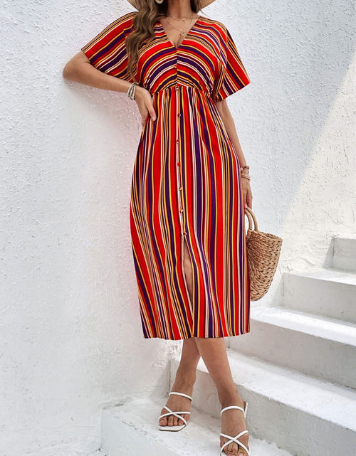 Load image into Gallery viewer, Perfee Slit Striped V-Neck Short Sleeve Midi Dress
