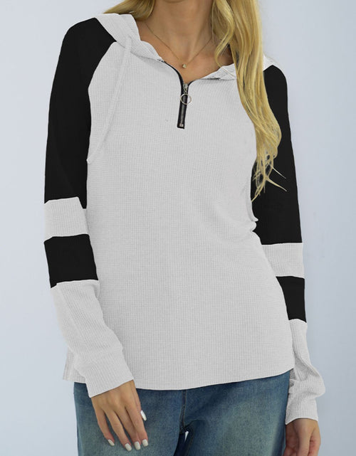 Load image into Gallery viewer, Shiny Waffle-Knit Raglan Sleeve Zipper Front Hoody

