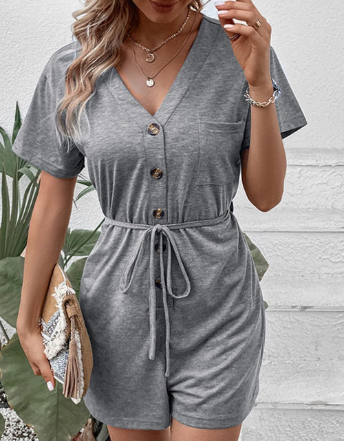Load image into Gallery viewer, Perfee V-Neck Short Sleeve Tied Romper

