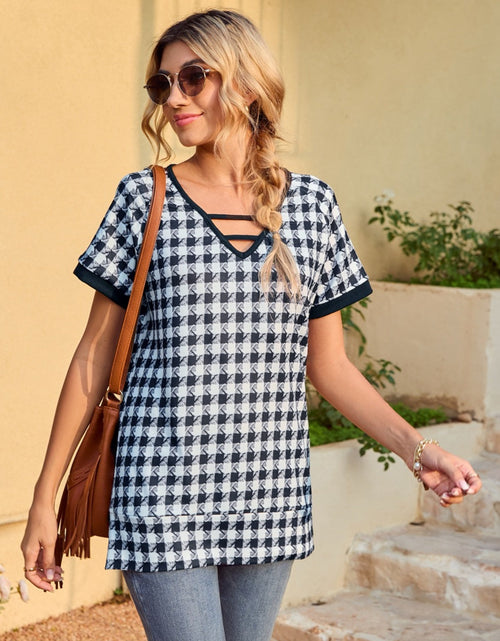 Load image into Gallery viewer, Houndstooth V-Neck Short Sleeve T-Shirt
