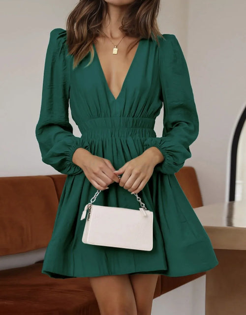 Load image into Gallery viewer, Ruched V-Neck Balloon Sleeve Mini Dress
