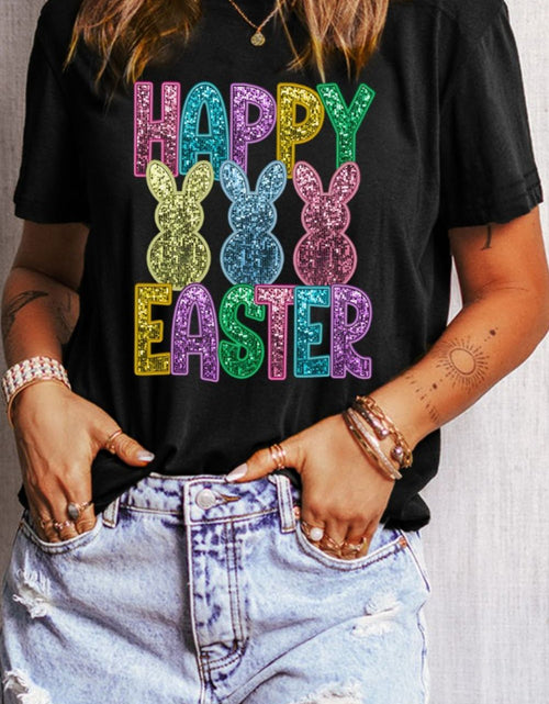 Load image into Gallery viewer, HAPPY EASTER Sequin Bunny Round Neck T-Shirt
