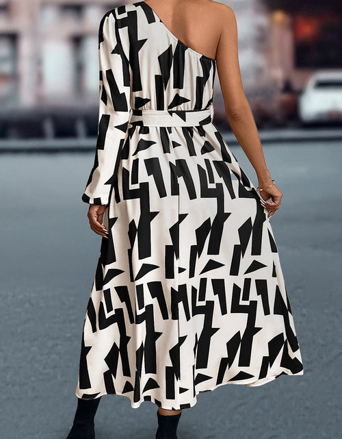 Load image into Gallery viewer, Printed One-Shoulder Tie Waist Dress
