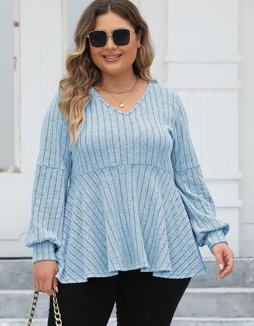 Load image into Gallery viewer, Plus Size Ribbed V-Neck Long Sleeve Blouse
