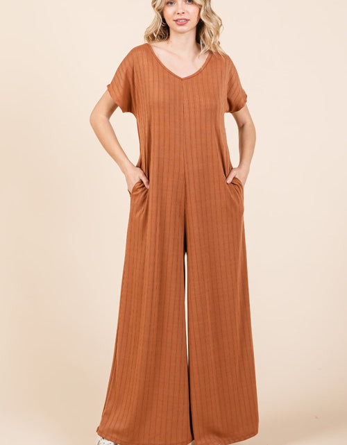 Load image into Gallery viewer, BOMBOM Ribbed Short Sleeve Wide Leg Jumpsuit
