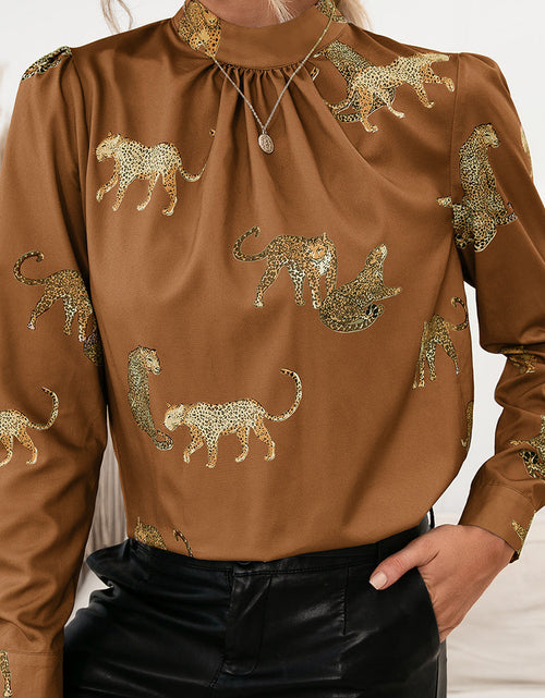Load image into Gallery viewer, Ivy Lane Leopard Graphic Mock Neck Puff Sleeve Blouse
