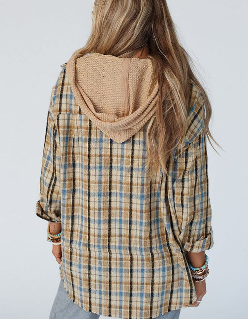 Load image into Gallery viewer, Drawstring Waffle Knit Patchwork Hooded Plaid Shacket
