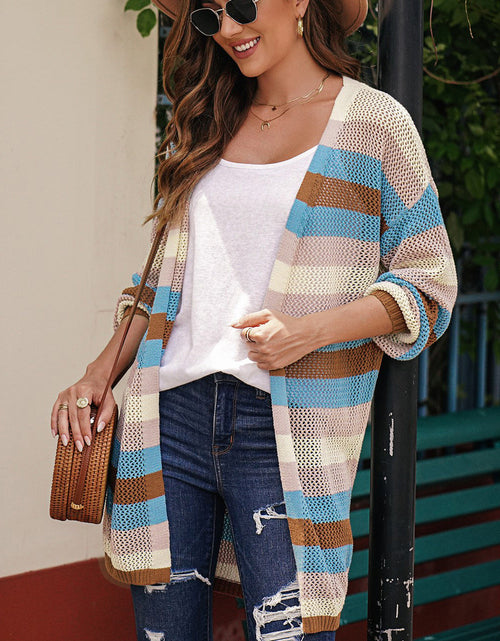 Load image into Gallery viewer, Full Size Striped Long Sleeve Openwork Cardigan
