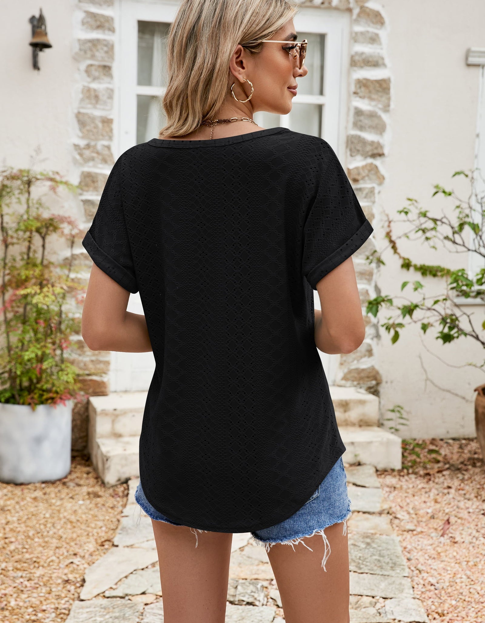 Full Size Round Neck Eyelet Short Sleeve Top