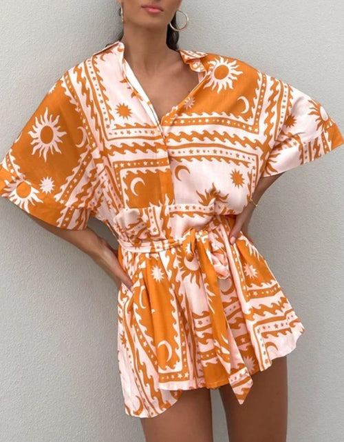 Load image into Gallery viewer, Printed Tie Waist Half Sleeve Romper
