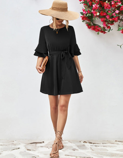Load image into Gallery viewer, Round Neck Tie Belt Flounce Sleeve Dress
