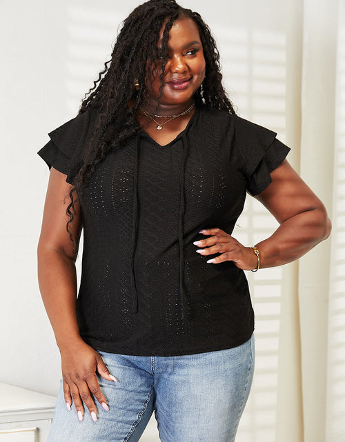 Load image into Gallery viewer, Mandy Eyelet Tie-Neck Flutter Sleeve Blouse
