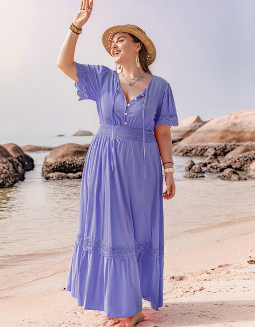 Load image into Gallery viewer, Plus Size Lace Detail Tie Neck Short Sleeve Maxi Dress

