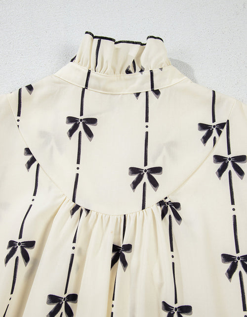 Load image into Gallery viewer, Frill Bow Print Notched Short Sleeve Mini Dress
