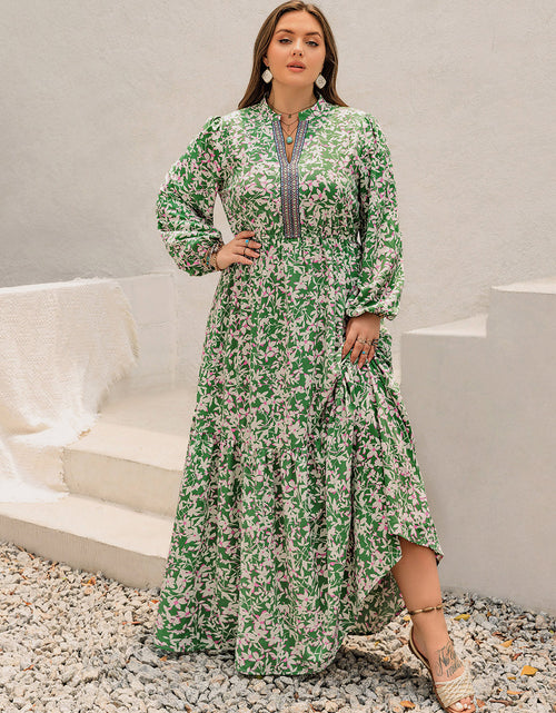 Load image into Gallery viewer, Plus Size Printed Notched Long Sleeve Maxi Dress
