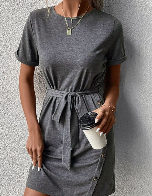 Load image into Gallery viewer, Perfee Decorative Button Tie-Waist Cuffed Sleeve Tee Dress
