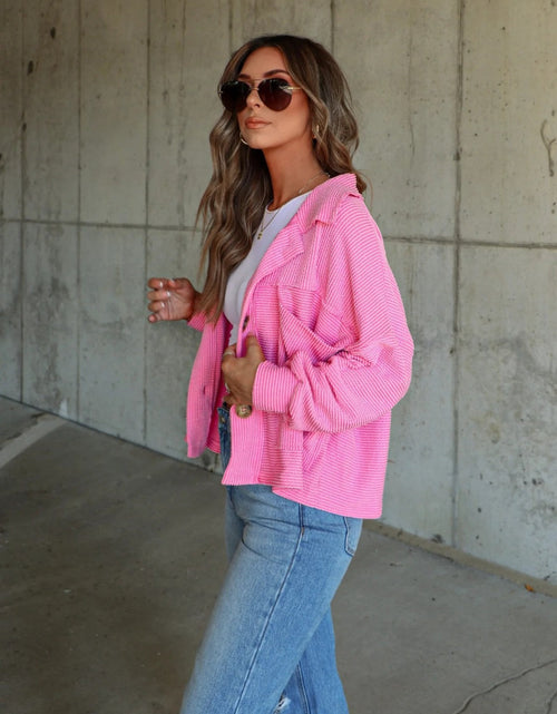 Load image into Gallery viewer, Ribbed Collared Neck Button Up Jacket
