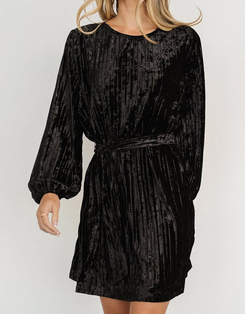 Load image into Gallery viewer, Velvet Round Neck Tie Waist Long Sleeve Mini Dress
