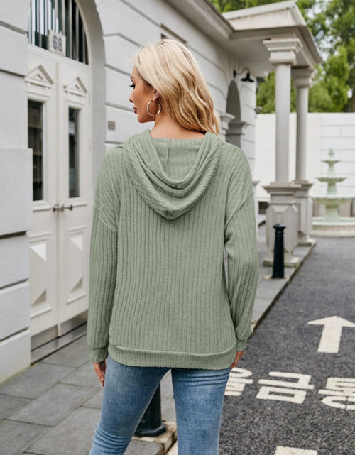 Load image into Gallery viewer, Ribbed Drawstring Long Sleeve Hoodie
