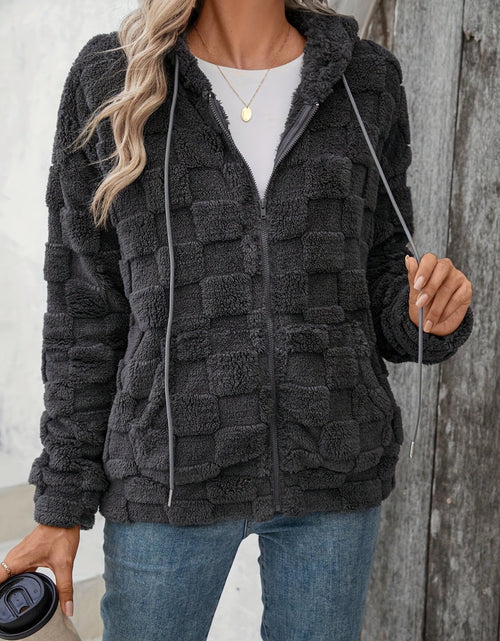 Load image into Gallery viewer, Checkered Texture Zip Up Drawstring Fuzzy Jacket
