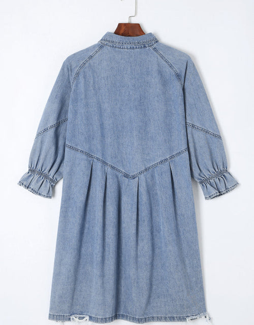 Load image into Gallery viewer, Distressed Collared Neck Flounce Sleeve Denim Dress
