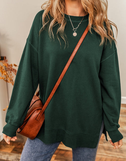 Load image into Gallery viewer, Round Neck Drop Shoulder Slit Sweatshirt
