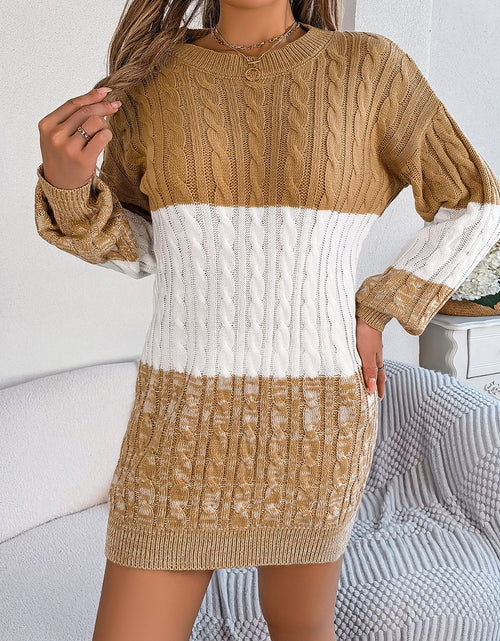 Load image into Gallery viewer, Cable-Knit Round Neck Color Block Sweater Dress
