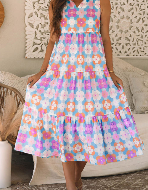 Load image into Gallery viewer, Floral Print Sleeveless Tiered Midi Dress
