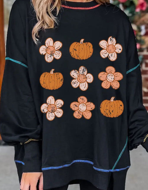 Load image into Gallery viewer, Pumpkin &amp; Flower Graphic Long Sleeve Sweatshirt
