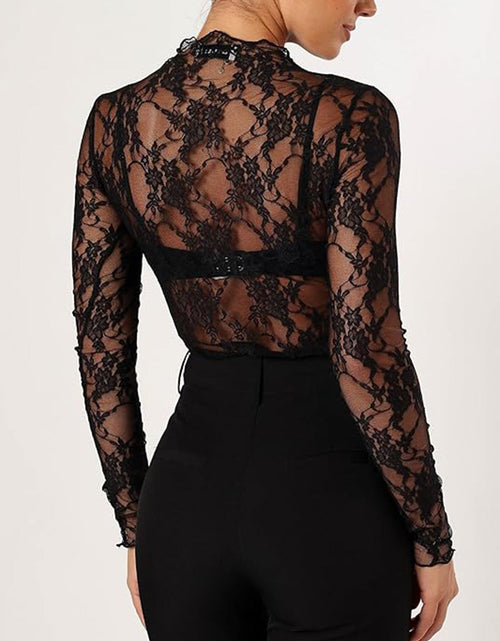 Load image into Gallery viewer, Floral Mock Neck Long Sleeve Mesh Top
