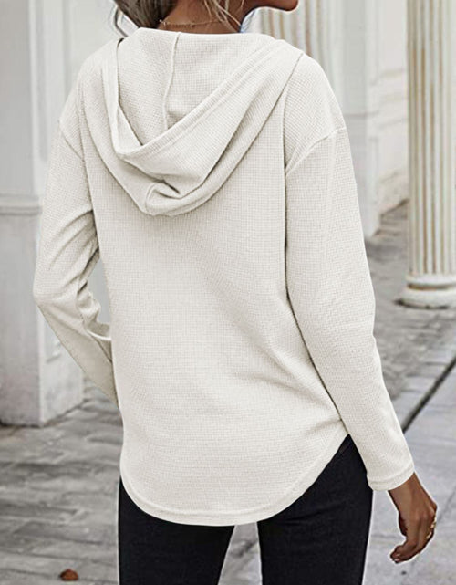 Load image into Gallery viewer, Drawstring Waffle Knit Long Sleeve Hooded Top
