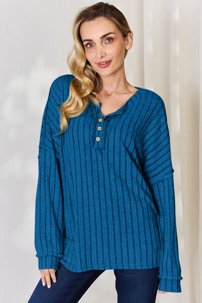 Load image into Gallery viewer, Basic Bae Full Size Ribbed Half Button Long Sleeve T-Shirt
