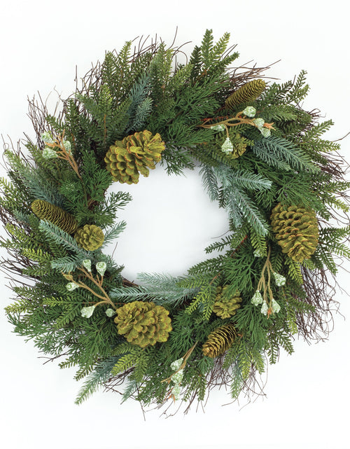Load image into Gallery viewer, Mixed Winter Pine Wreath with Pinecone and Twig Accent 23"D
