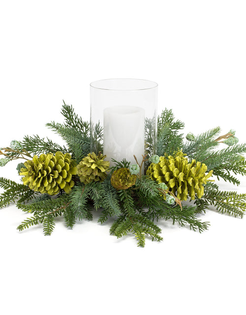 Load image into Gallery viewer, Mixed Winter Pine Cone Candle Holder with Glass Hurricane 18"D
