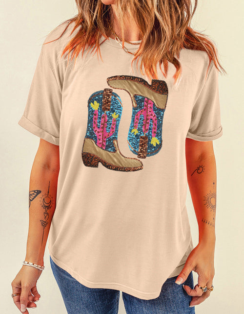 Load image into Gallery viewer, Sequin Round Neck Short Sleeve T-Shirt
