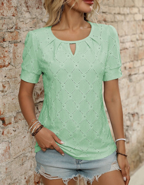 Load image into Gallery viewer, Eyelet Round Neck Short Sleeve Top

