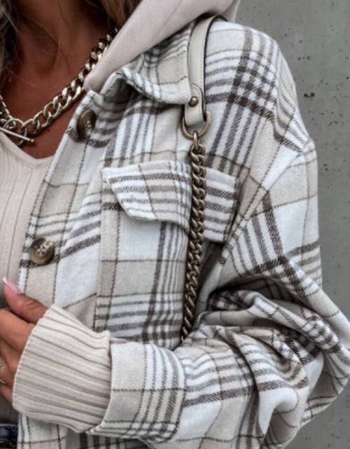 Load image into Gallery viewer, Plaid Button Up Jacket with Removable Hood
