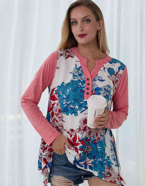 Load image into Gallery viewer, Full Size Floral Buttoned Notched Neck Top
