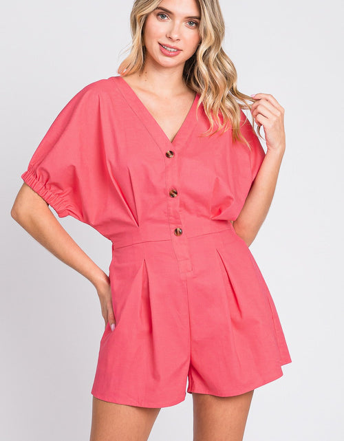 Load image into Gallery viewer, GeeGee Half Button V-Neck Linen Romper
