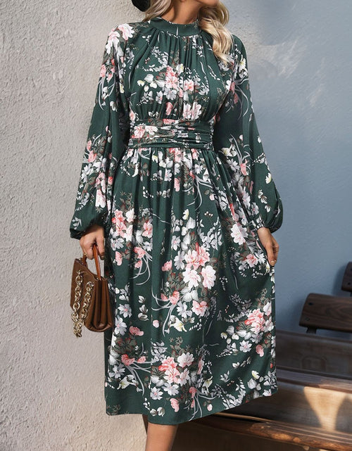 Load image into Gallery viewer, Perfee Ruched Printed Mock Neck Long Sleeve Midi Dress
