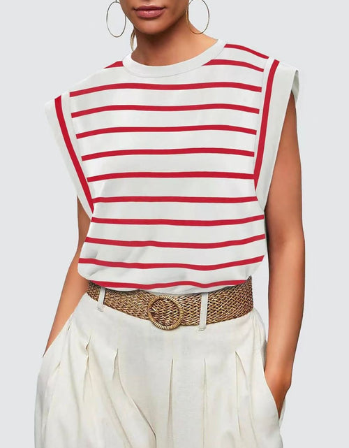 Load image into Gallery viewer, Florira Striped Round Neck Cap Sleeve T-Shirt
