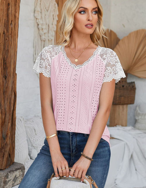 Load image into Gallery viewer, Eyelet V-Neck Lace Short Sleeve T-Shirt
