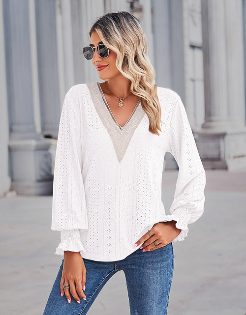 Load image into Gallery viewer, V-Neck Eyelet Flounce Sleeve Blouse
