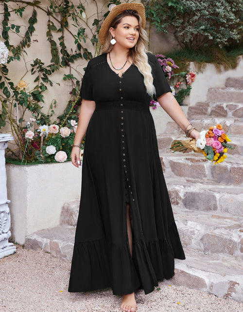 Load image into Gallery viewer, Plus Size Ruffled Hem Button Down V-Neck Short Sleeve Maxi Dress
